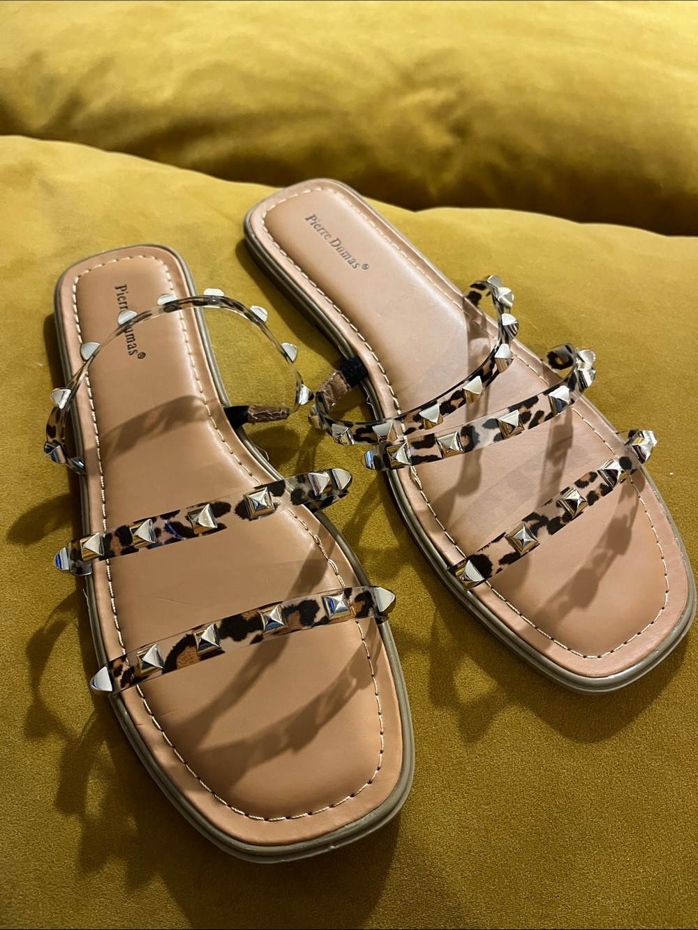 Pierre Dumas Leopard-Print Studded Slide Sandals - Tan